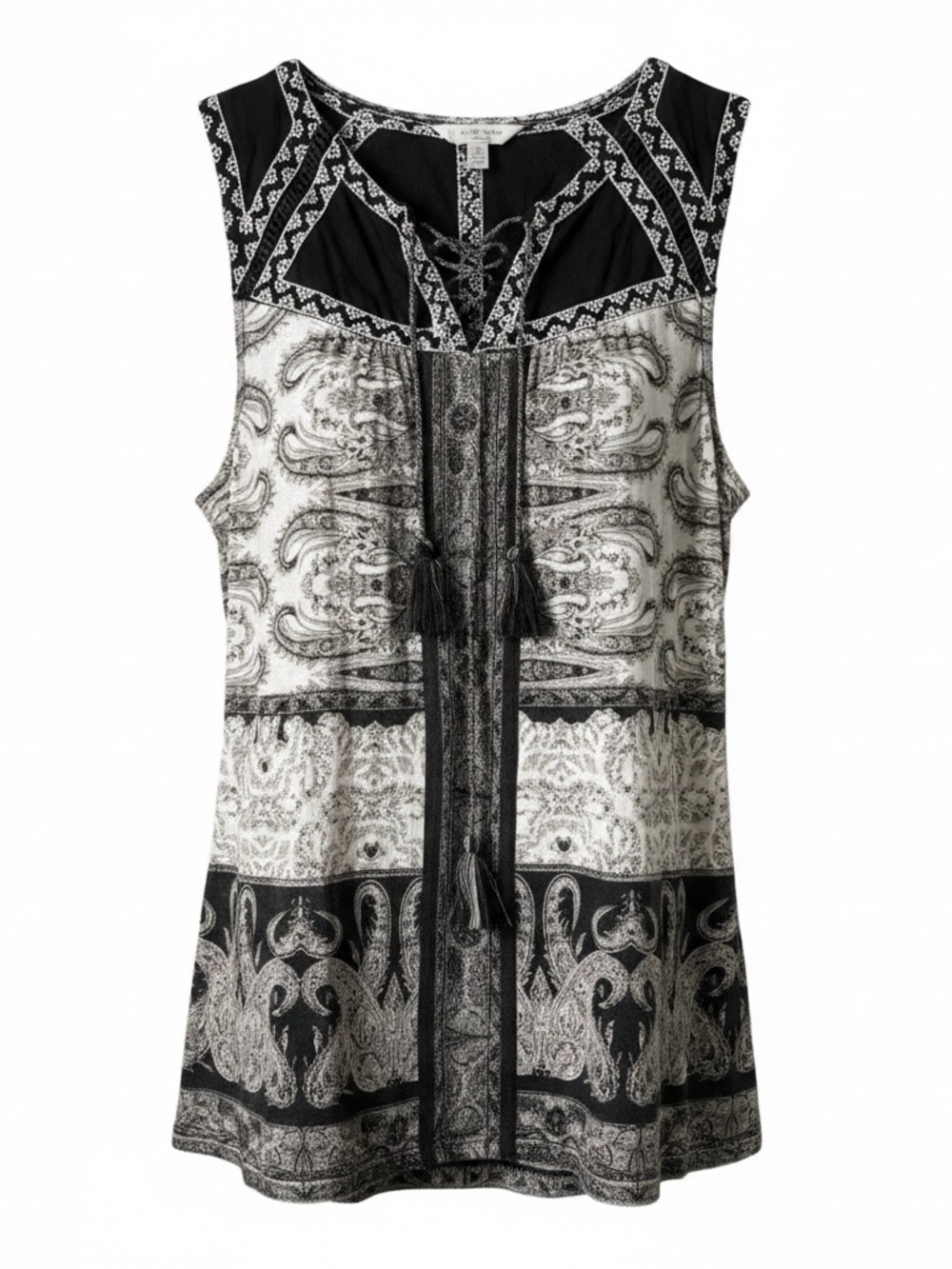 Lucky Brand Black & Cream Paisley Tassel Sleeveless Tunic. Size medium